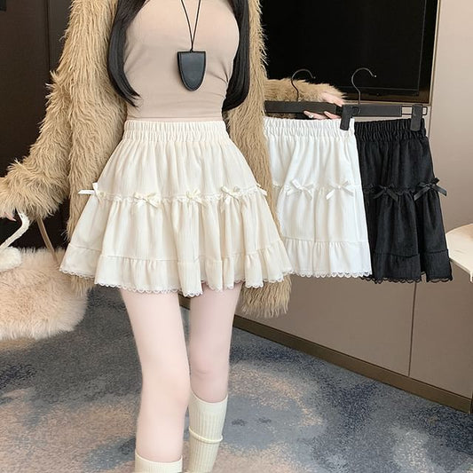 Trim Lace High Accent Mini A-Line Skirt Velvet Plain Bow Waist