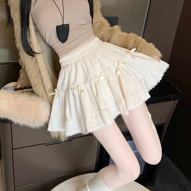 Trim Lace High Accent Mini A-Line Skirt Velvet Plain Bow Waist