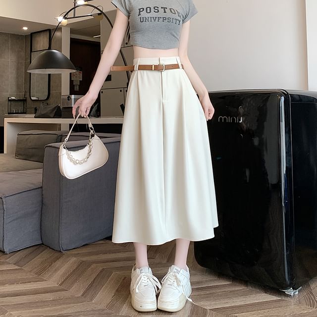 A-Line Midi Plain Rise Skirt + High Belt Set: