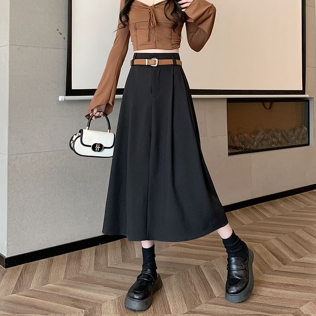 A-Line Midi Plain Rise Skirt + High Belt Set: