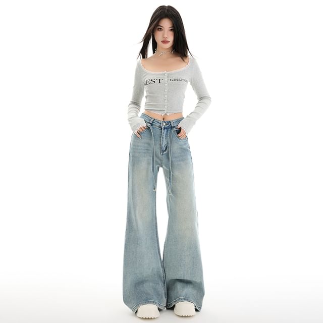 (Various Designs) Mid Rise Leg Jeans Washed Wide