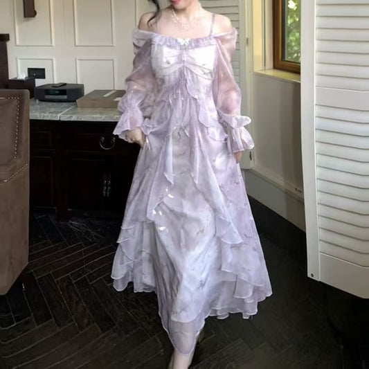 Cold Accent Tie Maxi Shoulder A-Line Ruffle Dress Trim Long-Sleeve Butterfly Dye