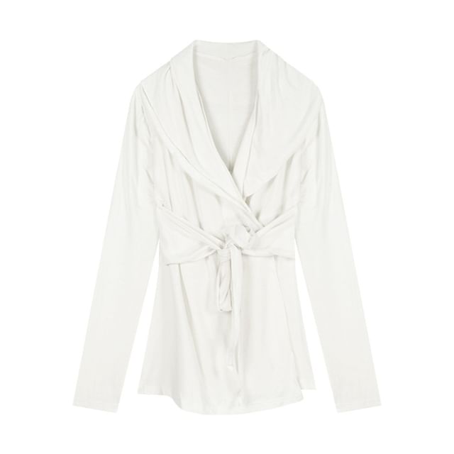 Waist Plain Shawl Tie Collar Cardigan