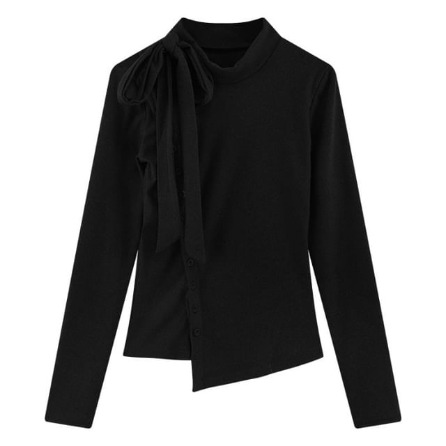 Plain Stand Long-Sleeve Collar T-Shirt Asymmetrical Button-Up