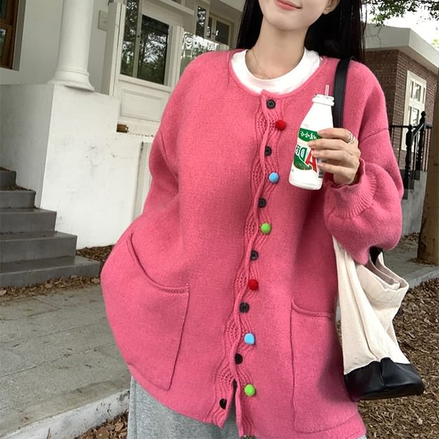 Pom Pom Trim Crew Neck Cardigan