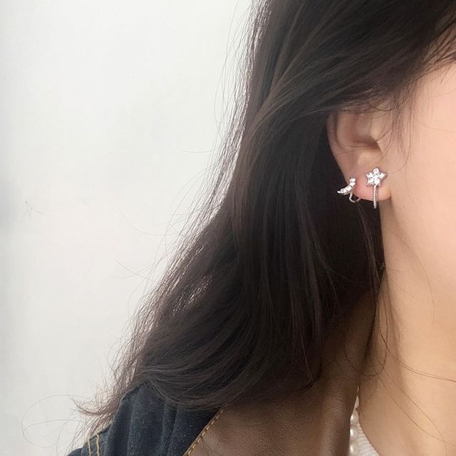 / Rhinestone Crescent Earring Climber Star On Clip