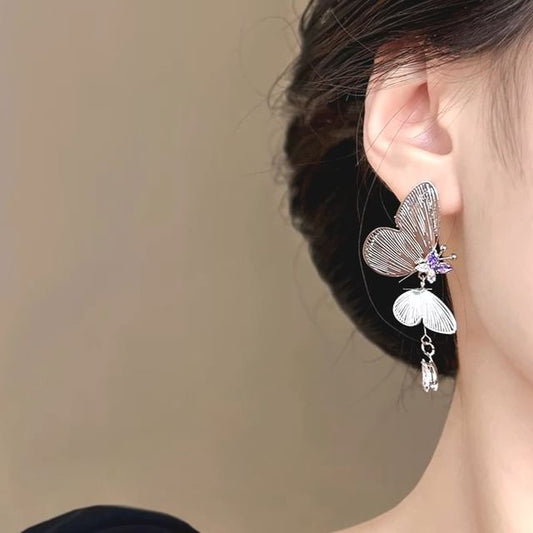 Earring On Rhinestone Clip / Drop Butterfly