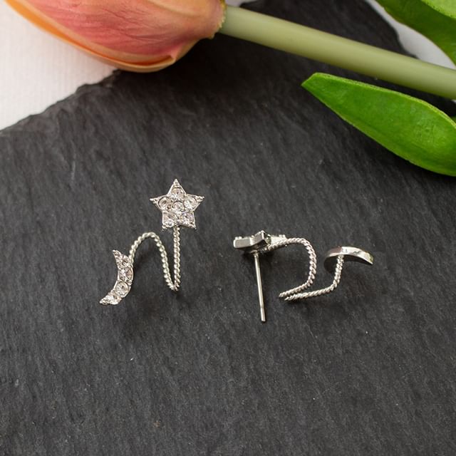 / Rhinestone Crescent Earring Climber Star On Clip