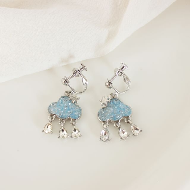 Cloud Hoop Drop Rhinestone On Clip Earring /