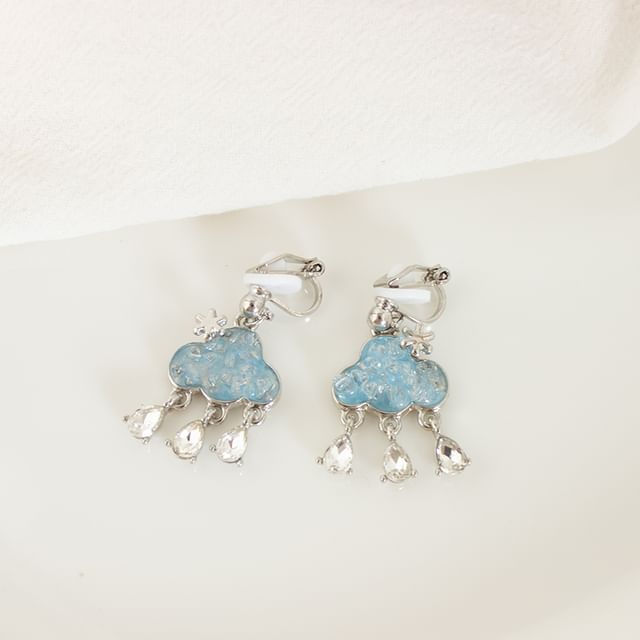 Cloud Hoop Drop Rhinestone On Clip Earring /