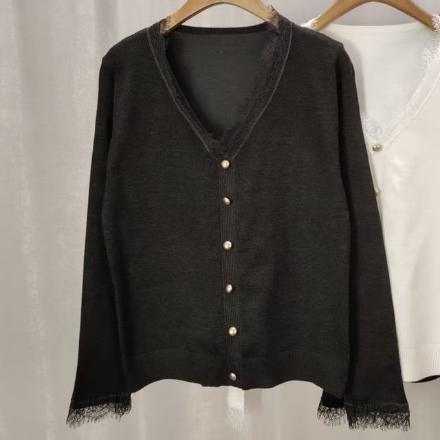 Lace Trim V-Neck Cardigan