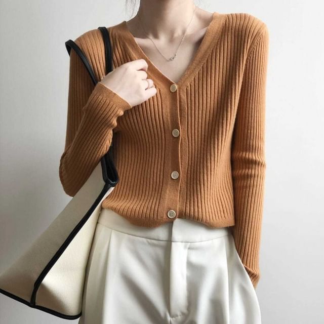 Ribbed V-Neck Plain Cardigan