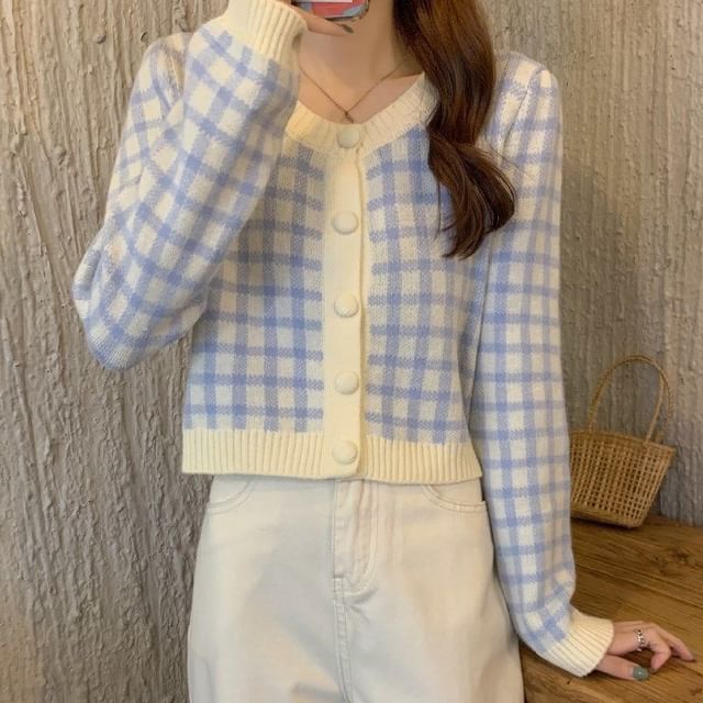 Plaid Round Neck Cardigan