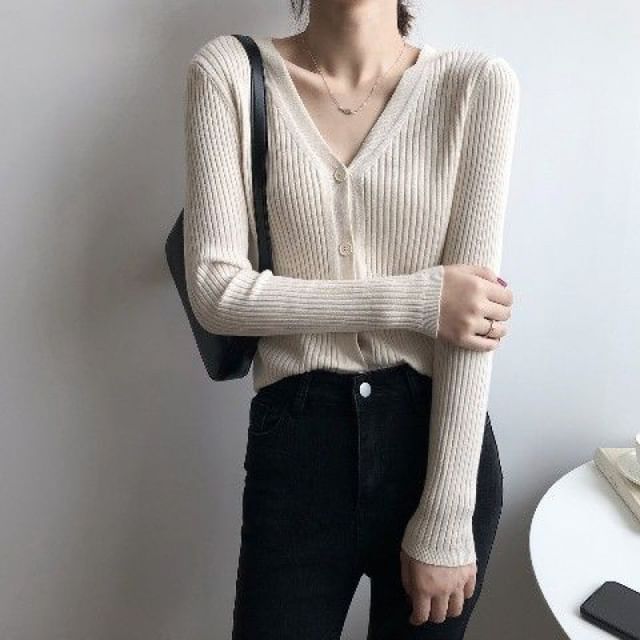 Ribbed V-Neck Plain Cardigan