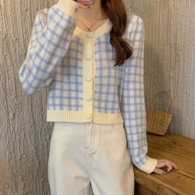 Plaid Round Neck Cardigan