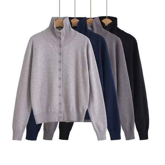 Stand Collar Plain Knit Cardigan