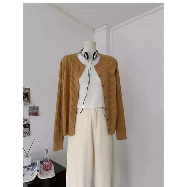 Button-Up Crewneck Plain Cardigan