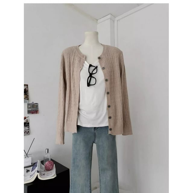 Button-Up Crewneck Plain Cardigan