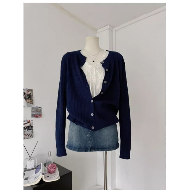 Button-Up Crewneck Plain Cardigan