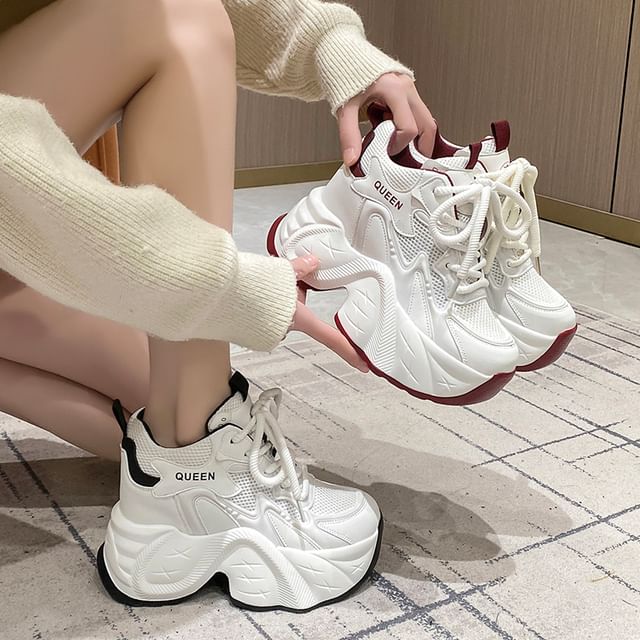 Panel Faux Wedge Sneakers Leather Hidden Lace-Up Mesh