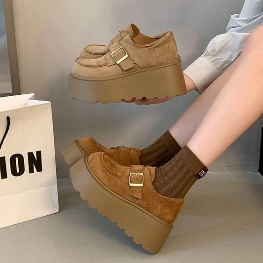 Buckled Platform Shoes Plain Faux Suede