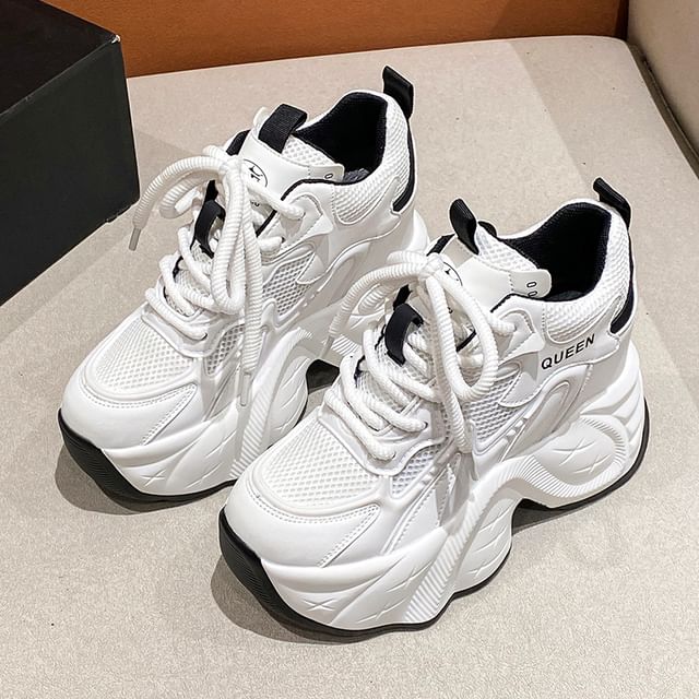 Panel Faux Wedge Sneakers Leather Hidden Lace-Up Mesh