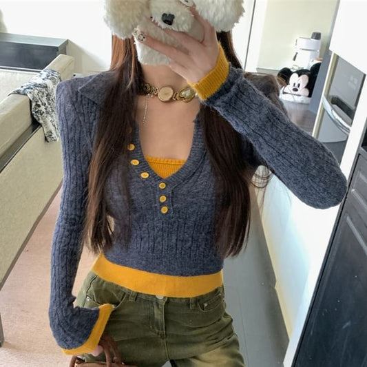 Sweater Tone Cable-Knit Two-Piece Mock Cropped Two Collar