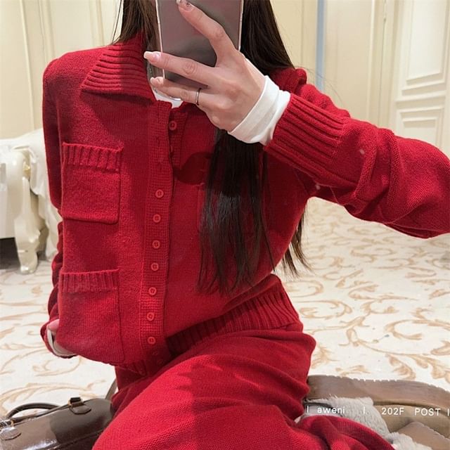 Collared Multi-Pocket Cardigan & High-Waist Knit Maxi Skirt Set