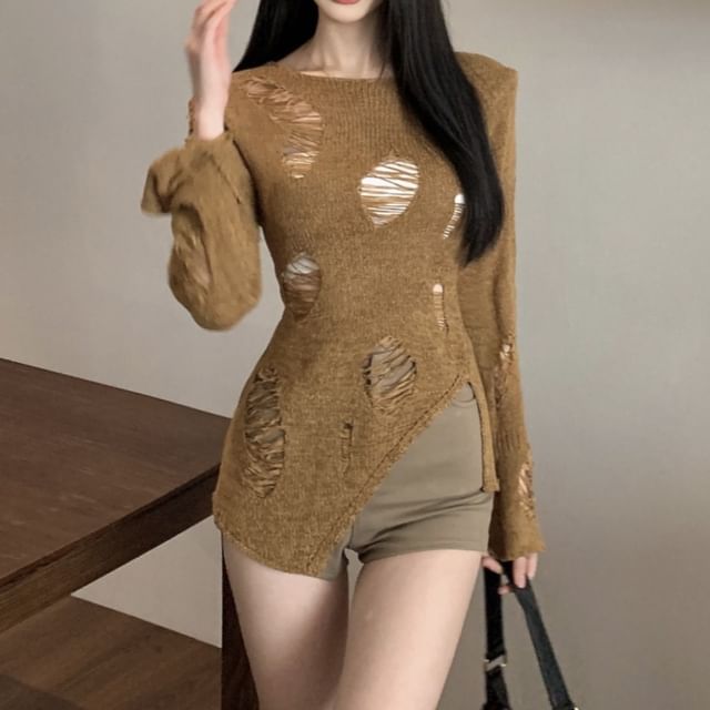 Distressed Plain Top Long Knit Neck Sleeve Crew