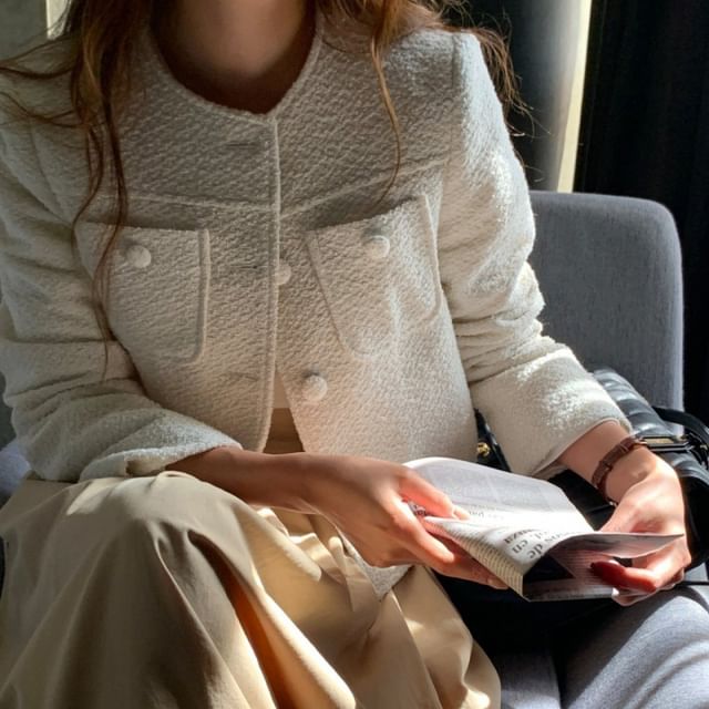 Crew Neck Button-Up Plain Tweed Crop Jacket