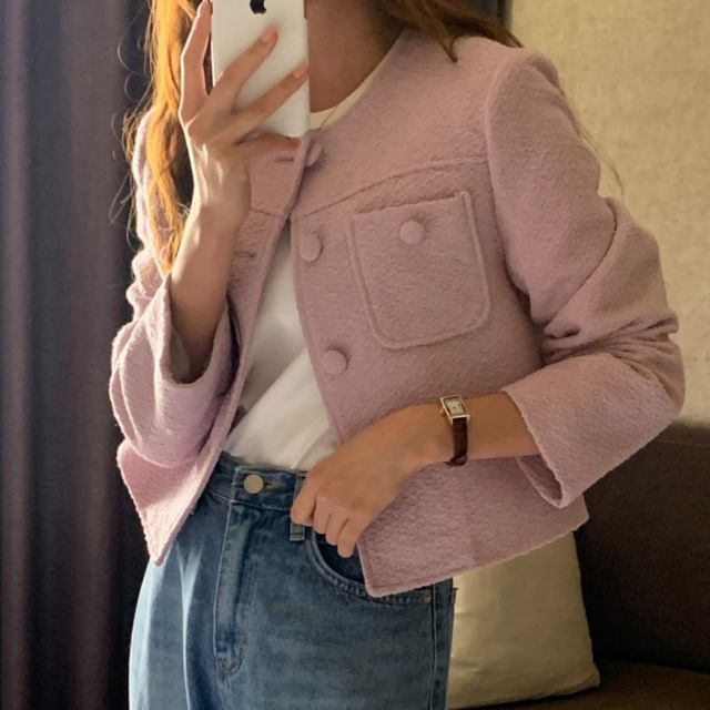 Crew Neck Button-Up Plain Tweed Crop Jacket