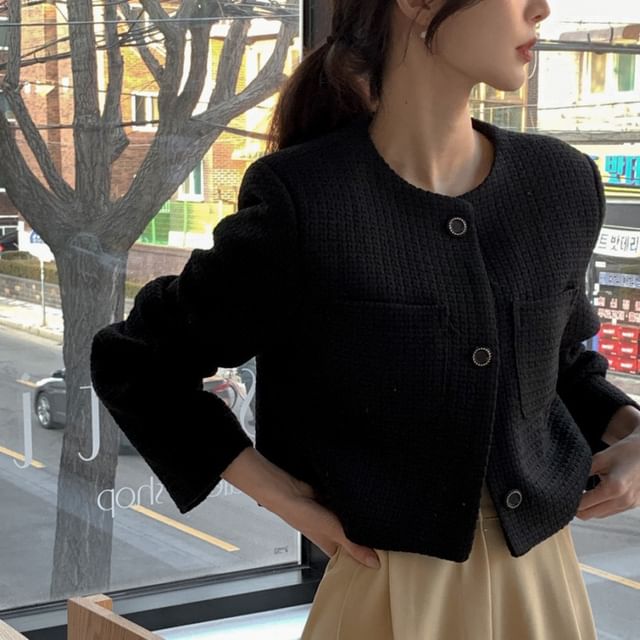 Crew Neck Button-Up Plain Tweed Crop Jacket