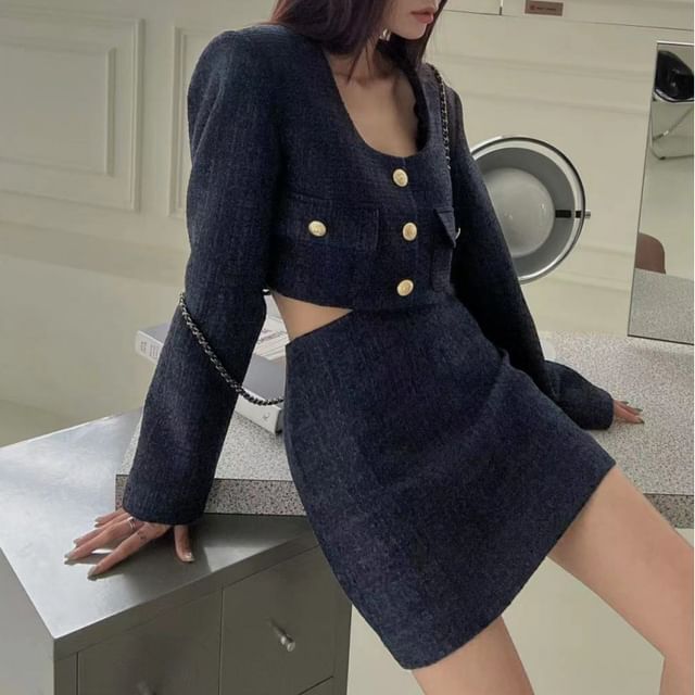 Scoop Neck Button-Up Tweed Crop Jacket / High Rise Mini A-Line Skirt