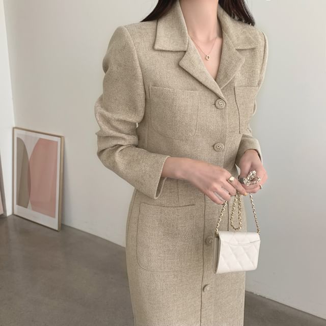 Notch Lapel Single-Breasted Plain Tweed Crop Blazer / High Rise Slit Midi Pencil Skirt