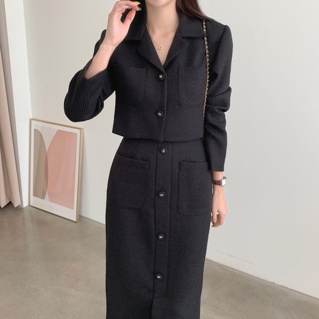 Notch Lapel Single-Breasted Plain Tweed Crop Blazer / High Rise Slit Midi Pencil Skirt