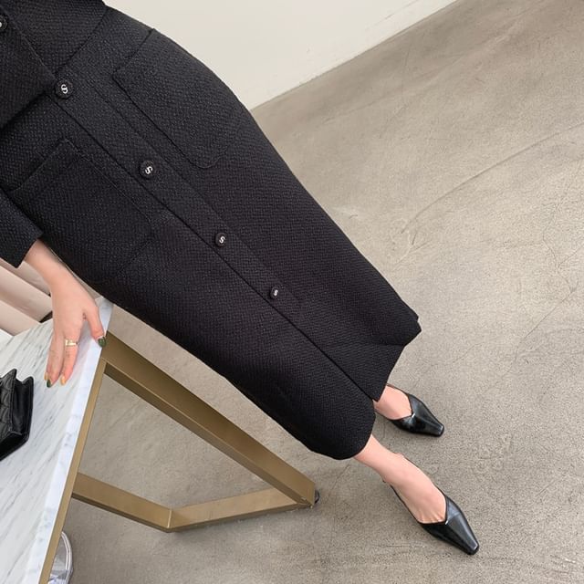 Notch Lapel Single-Breasted Plain Tweed Crop Blazer / High Rise Slit Midi Pencil Skirt