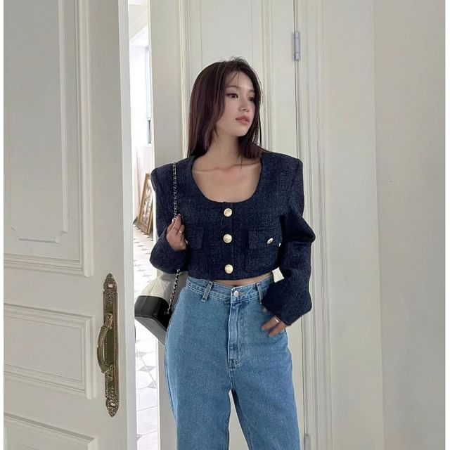 Scoop Neck Button-Up Tweed Crop Jacket / High Rise Mini A-Line Skirt