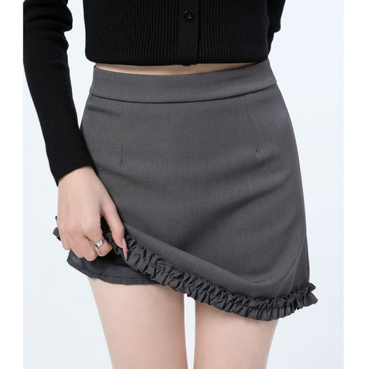 Plain Ruffle High Skirt Waist Pencil Trim Mini