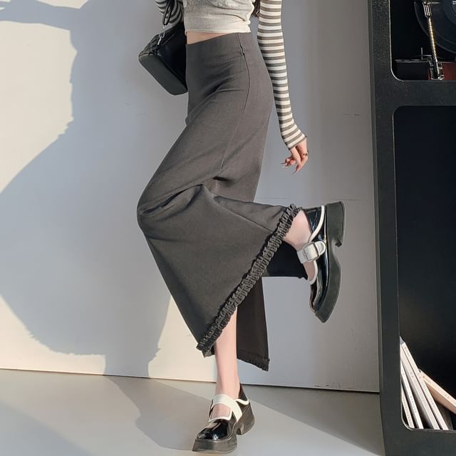 Waist A-Line High Ruffle Skirt Slit Trim Midi Plain