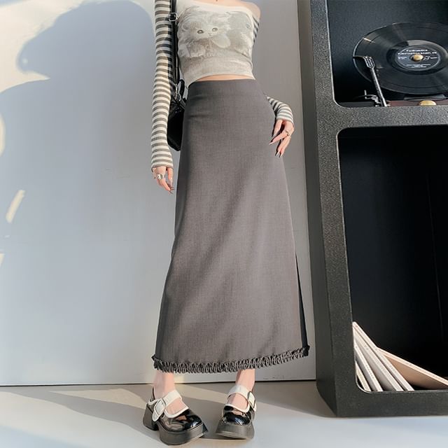 Waist A-Line High Ruffle Skirt Slit Trim Midi Plain