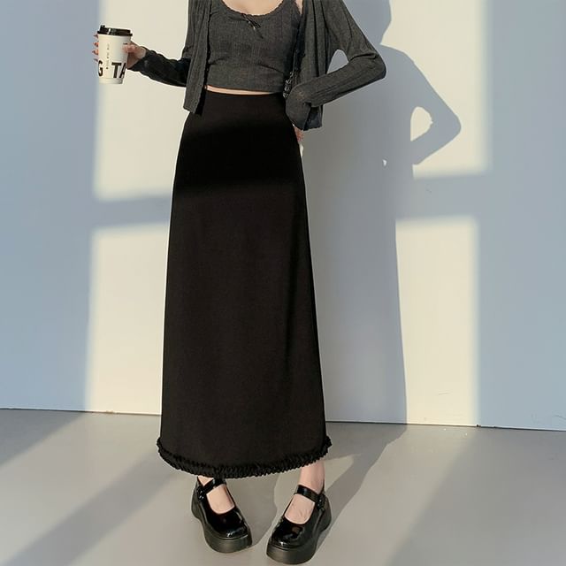 Waist A-Line High Ruffle Skirt Slit Trim Midi Plain