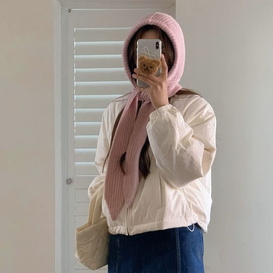 Balaclava Knit Applique Plain Ribbed Lace-Up