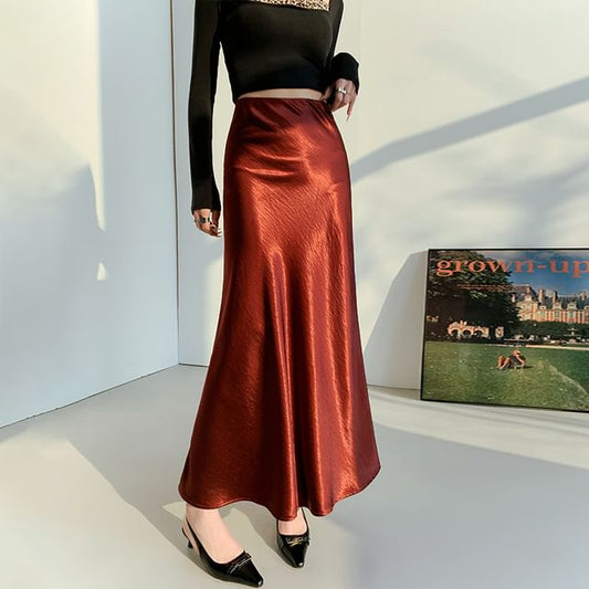 Waist Midi High A-Line Satin Plain Skirt