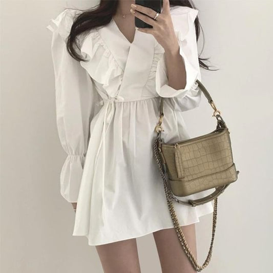 A-Line Collared V-Neck Long-Sleeve Dress Plain Mini