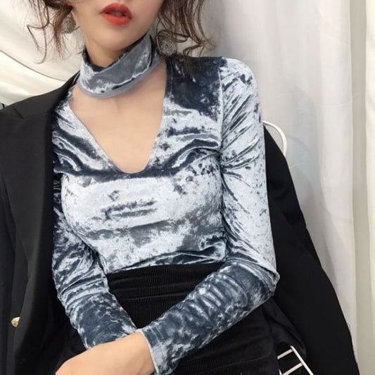 Mesh Velvet Neck Panel Top Long-Sleeve Mock
