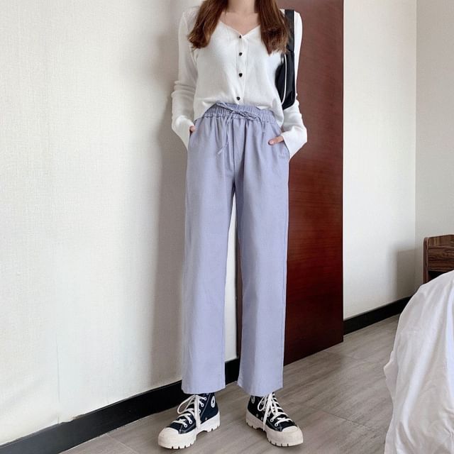 Plain Rise Cargo Pants Wide High Leg