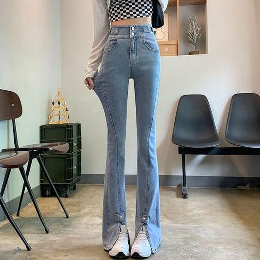 High Hem Flared Jeans Waist Slit