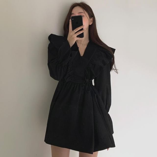 A-Line Collared V-Neck Long-Sleeve Dress Plain Mini