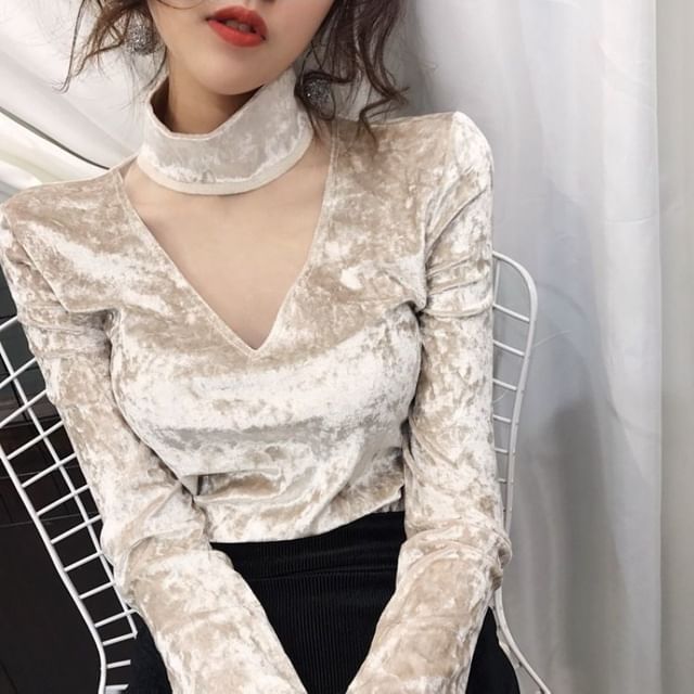 Mesh Velvet Neck Panel Top Long-Sleeve Mock