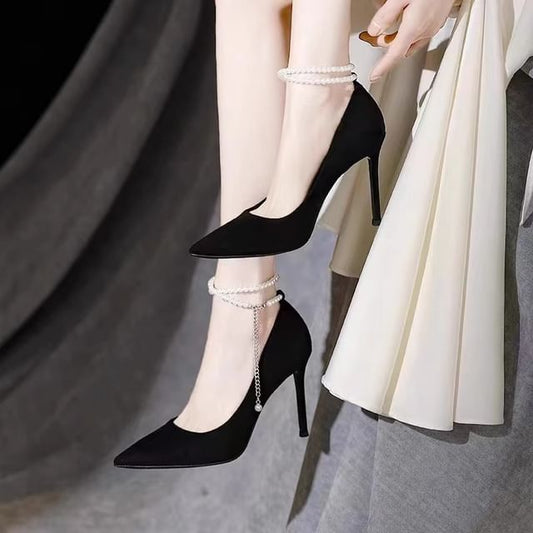 Pearl Heel Stiletto Faux Strap Pumps Pointy